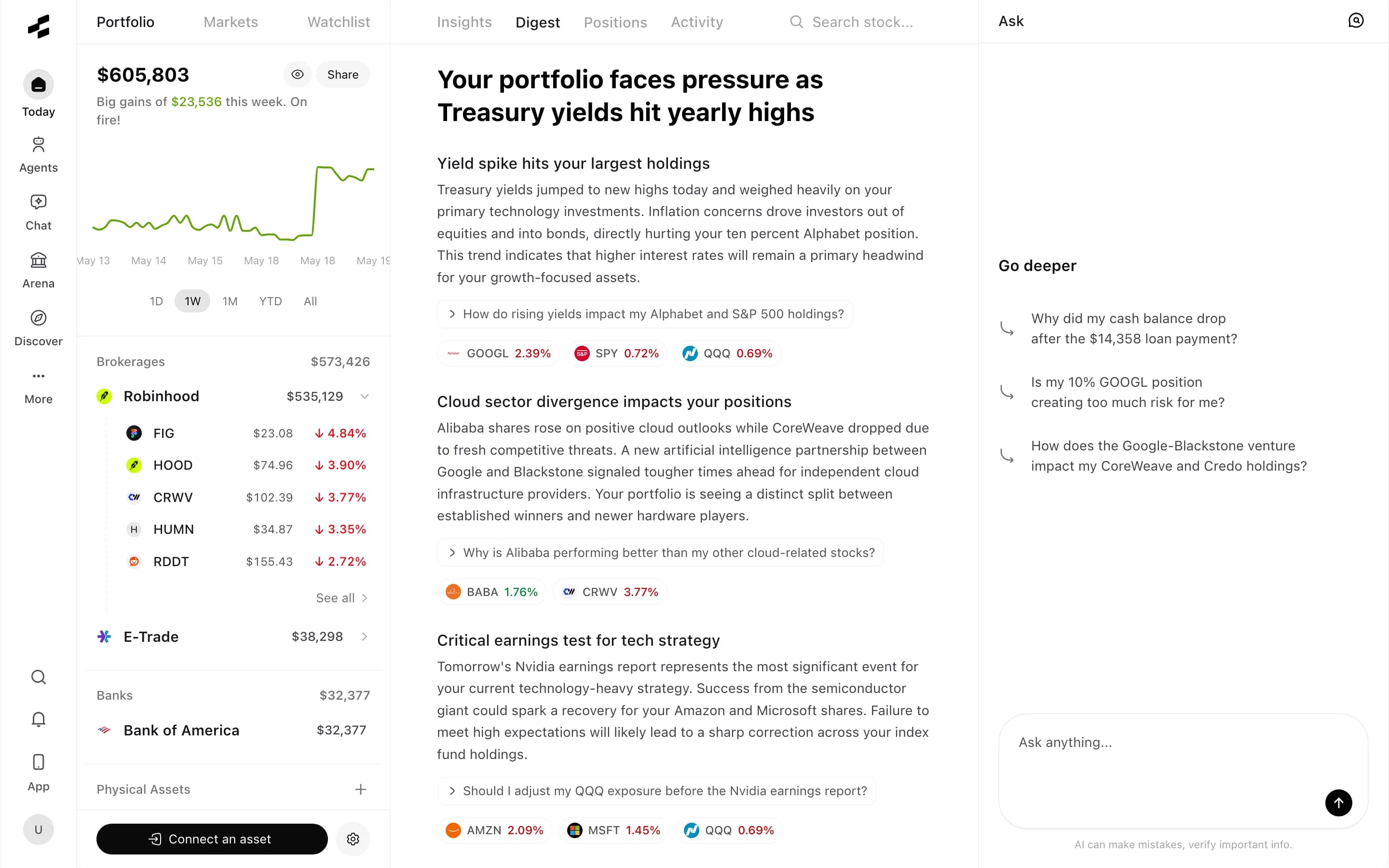 Rallies Portfolio screen with connected assets and portfolio research